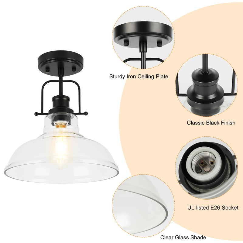 WILON Semi Flush Mount Ceiling Light Fixture, Black Farmhouse Light