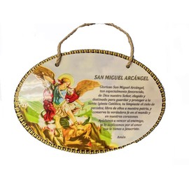 Saint Michael Wall Hanging Plaque – 8"x11.5" Ceramic | Oración a San Miguel Arcángel in Spanish | Catholic Religious Wall Decor for Home, Church, or Altar | Spiritual Warfare Prayer Art