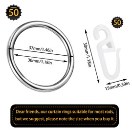 50 Pieces Metal Curtain Rings Curtain Hanging Rings and 50 Pieces Plastic Curtain Hooks, 32 mm Inner Diameter for Window Curtain Bed Curtain Shower Curtain