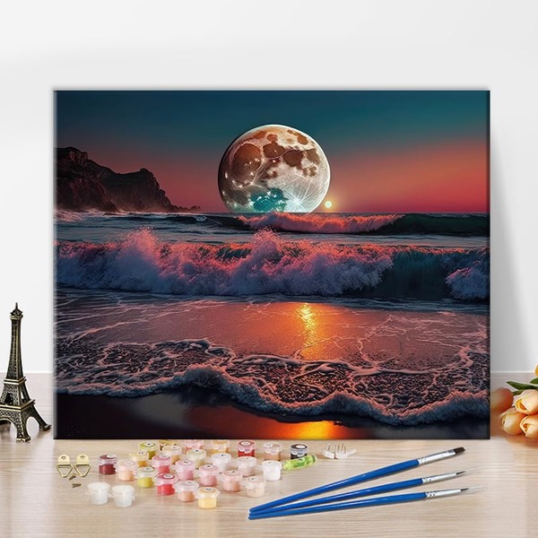 TISHIRON Beach Paint by Number for Adults Moonlight DIY Paint Kits for Adults with Brushes and Acrylic Pigment Oil Painting Art Crafts for Home Sea Landscape 16"x20"(Frameless)