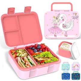 Anyiner Kids Lunch Box, Leakproof Bento Lunch Box with Multi-Compartments & Sauce Jar, Portable Snack Box Mermaid Bento Box for Kids Adults Work School, Pink Ballerina