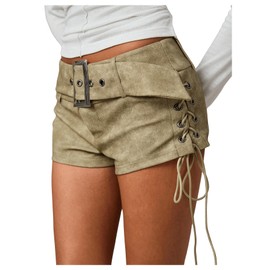 MakeMeChic Women's PU Leather Lace Up Ruched Tie Side Micro Shorts Low Waist Belted Skinny Fit Mini Short Army Green Medium