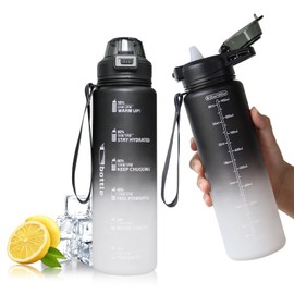 Qyrrvxy Water Bottle with Straw - BPA Free 1L Drinks Bottle with Time Marking, Leak Proof Waterbottle with Handle & Lock Cover for Hiking, Cycling, Camping, Running, Practicing Yoga