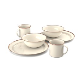 GSI Outdoors Mesa 2-Person Enamelware Dining Set 6-Pieces – Cream with Bronze-Finished Stainless Steel Rim, Dishwasher Safe