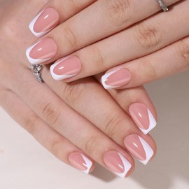 30 Pcs French Tips Press On Nails - Short Square Nude Pink Glossy Reusable Acrylic Nails - 15 Sizes