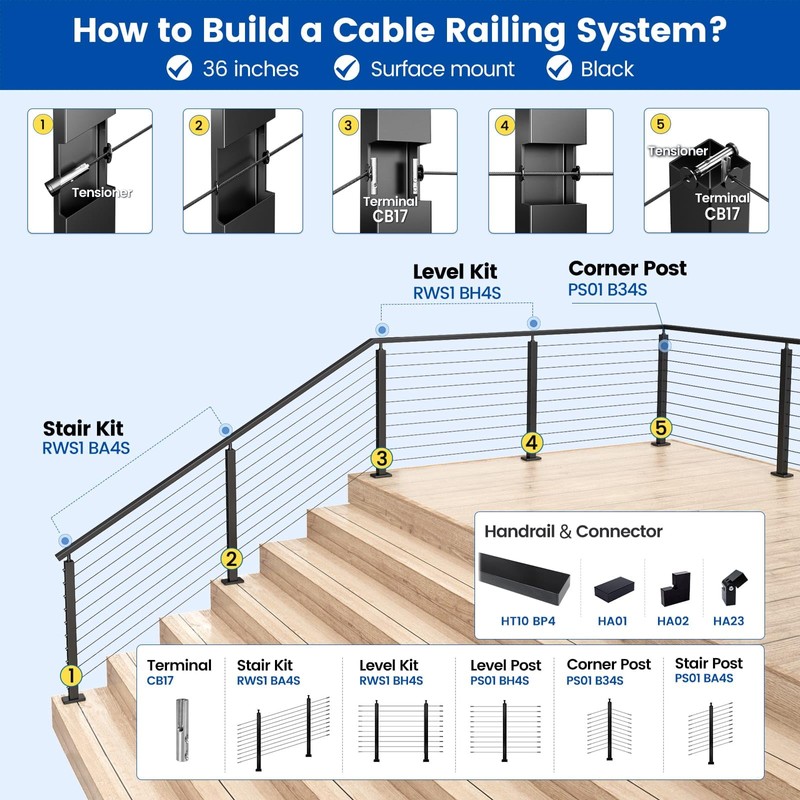 Muzata Black Cable Railing Post 36 Inch 36"x2"x2" Level Drilled