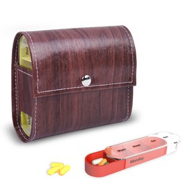 Pill Organizer,LIZIMANDU Weekly Travel Pill Case Box Medication Reminder Daily AM PM, Day Night 7 Compartments,for 4 Times A Day, 7 Days a Week-Includes Leather PU Carrying Case(1-Wood-Light Brown)