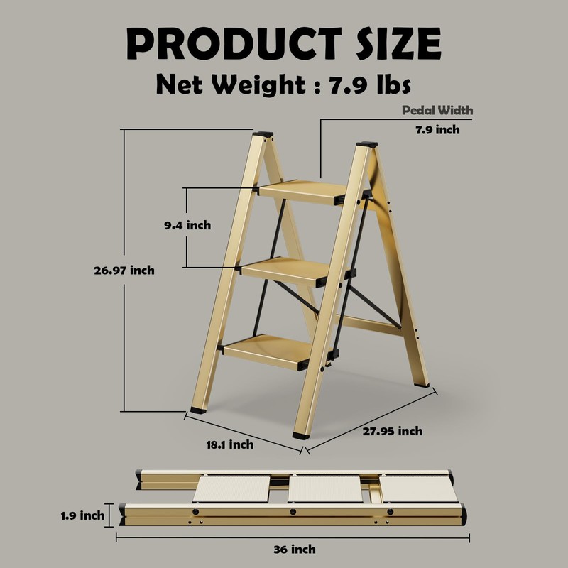 HillhutApex 3 Step Stool, Aluminum Foldable Step Ladder, Lightweight Stable