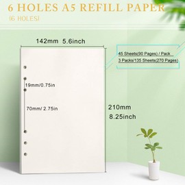 Skycase A5 Blank Paper [3 Packs], A5 Refill Paper [135 Sheets/270 Pages], 6 Holes Loose Sheets, Refill Blank Paper, Refill Paper for Filofax A5, Ring Binders, Notes, Sketch, Inserts (Blank)