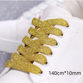 2 Pairs 140cm Metallic Glitter Flat Shoelaces Gold 10mm Sparkly Polyester Shoe Laces Replacement for Sneakers