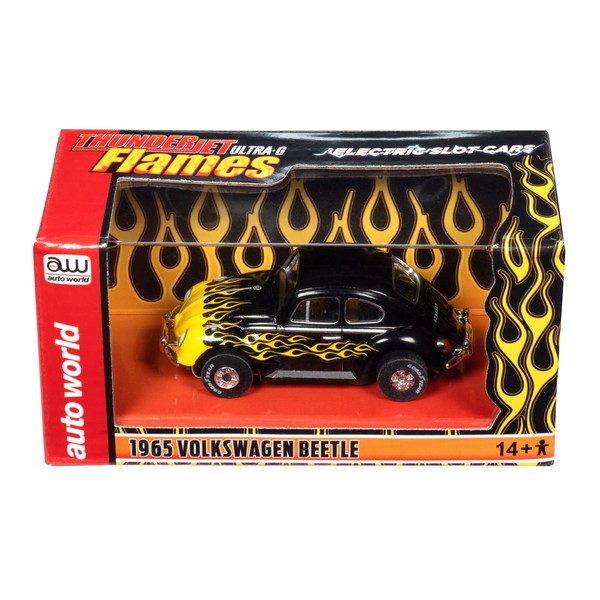 Auto World Thunderjet 1965 VW Beetle (Black w/Yellow Flames) HO Slot Car