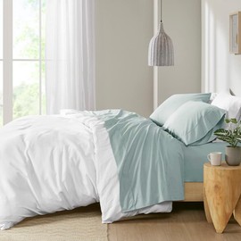 Oakestry 4-Pc 200TC Pure Cotton Percale Hypoallergenic Bedsheet Set All Season Deep Pocket Soft and Breathable Luxury High Thread Count, Full Size, Aqua