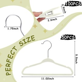 Soaoo 50 Pack Baby Velvet Hangers with Adjustable 100 Clips, Non Slip Kids Hanger, 11 Inch Ultra Slim, Stackable Space Savin Hangers for Kids, Toddler, Children's Closet & Nursery Closet (Beige)