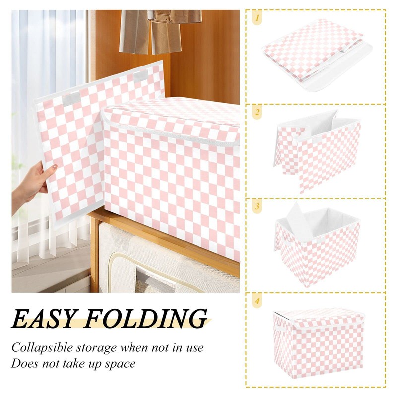 CaTaKu Large Fabric Storage Bins With Lids,Pink Checkered Racing Storage
