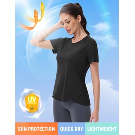 SPEXIAL Workout Shirts for Women, Womens UPF 50+ Uv Protection Short Sleeve, Athletic Running Yoga Tops Hiking Shirts Women Quick Dry Wicking Black S