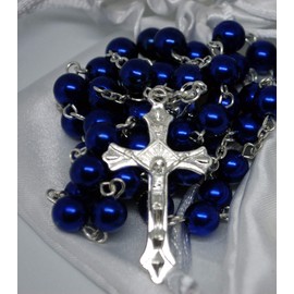 First Holy Communion Dark Blue Rosary Beads 1st Communion Confirmation Girls/Boys Gift Excellent Quality Five Decade Rosary & Silver Crucifix Pearl Effect Beads with Free White Satin Drawstring Pouch