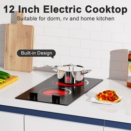 Cooksir 2 Burner Electric Cooktop - 12 Inch Built-in Electric Stove Top 3000W, Radiant Electric Stovetop with 9 Power Level, Knob Control, Auto Shut Down Protection, 220-240V Hard Wired (No Plug)