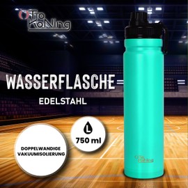 Otto Koning Stainless Steel Water Bottle, 750 ml, Thermal Water Bottle, Stainless Steel, Double-Walled, Vacuum Insulated, BPA-Free, Lightweight and Portable, No Condensation, 24 Hours Cold/12 Hours