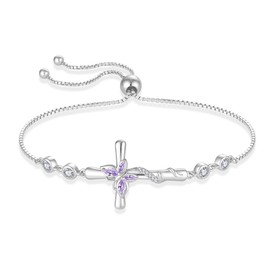 Blaniy Cross Bracelet for Women 925 Sterling Silver Butterfly Bracelets Adjustable Alexandrite Bracelet June Birthstone Jewelry for Women