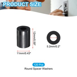 PATIKIL M5 Black ABS ID 5.2mm,OD 11mm,Length 12mm, Nylon Round Spacer Washers, 120Pcs Plastic Standoff Rubber Nut Unthreaded for M5 Screws Electrical Outlet Switch Receptacle