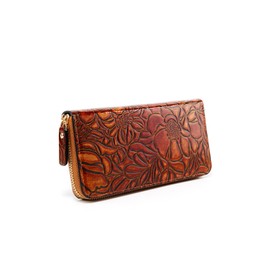 MUDUO Vintage embossed women's zipper purse Stylish and elegant leather carved clutch bag for holding cards and mobile phone. (Brown)