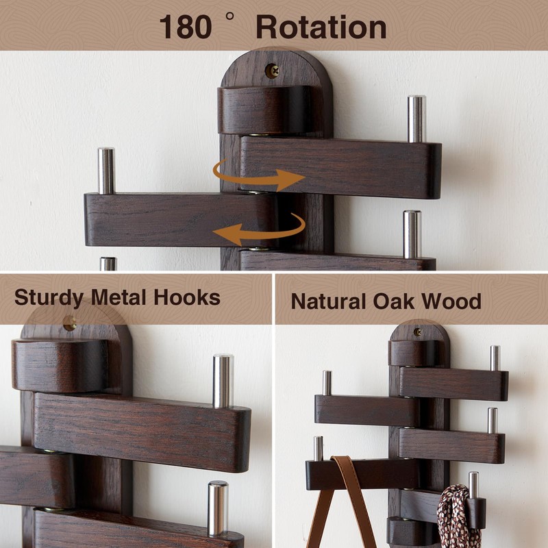 TRWISWDC Swivel Coat Rack Oak Coat Hooks for Wall, Wood