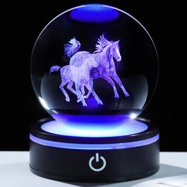 YWHL 3D Horse Figurine Crystal Ball with Colorful Light Base, Glass Horse Gifts for Women Girls on Birthday Christmas, Laser Engraved Horses Statue Sphere Decor for Home Office(80mm)