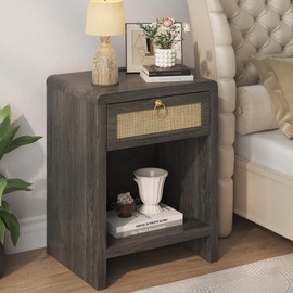 UNIQUITE Rattan Nightstand Bedside Table, Boho End Table with Drawer and Storage Shelf, Wood End Table Night Stand for Bedroom, Small Space, Grey Oak