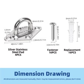 GLARKS 36pcs M8 Stainless Steel Pad Eye Plate Hook Kit, Diamond Eye Plate U Hooks Heavy Duty Ceiling Hooks and Carabiner Clips Snap Hook for Ceiling and Mounting Hanging Hardware