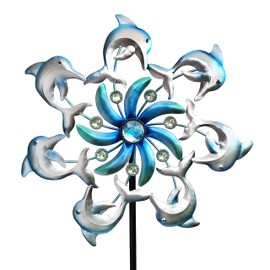 39" Dolphin Wind Spinners Metal Windmill Garden Stake,Ocean Theme Outdoor Wind Spinner,Wind Sculptures Yard Art Decorations for Patio,Lawn & Garden Decor
