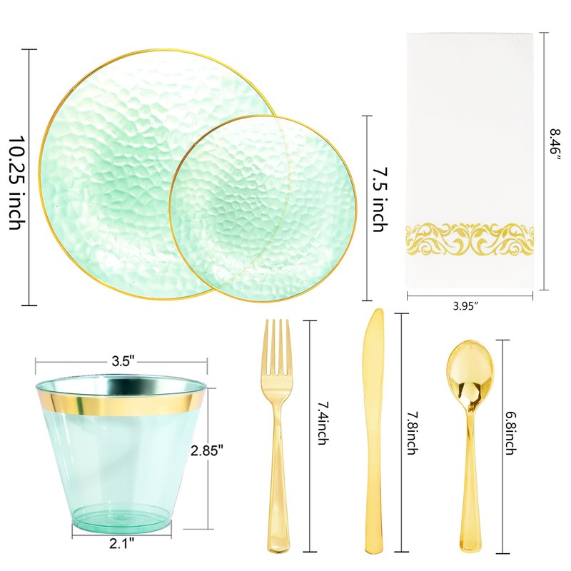 DaYammi 350 Pcs Clear Green Gold Plastic Plates, Hammered Disposable