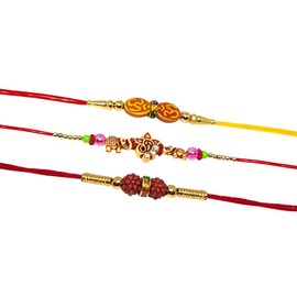 Set Of Three Rakhi Thread Rakhi for Brothers OM GANESH & RUDRAKSHA Rakhi Thread Wrist bands for brother Traditional Rakhi For Brother Multi Design And Assorted Color (Size 12 Inch) Raksha Bandhan Gift for your Brother Design 20