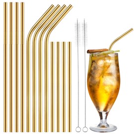 ecooe Metal Straws, Reusable Drinking Straws, Stainless Steel, 12 Golden Thin Drinking Tube Set, Party Straws, BPA-Free with 2 Cleaning Brushes, Dishwasher Safe, for Cocktail, Smoothie and Juices