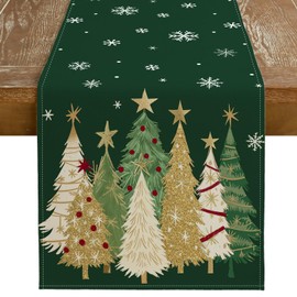GEEORY Christmas Table Runner 13x108 Inch, Xmas Trees Snowflakes Holiday Decorative Farmhouse Table Decoration for Kitchen Dinning, Indoor Outdoor Dinner Party Decor (Green) GT152-108