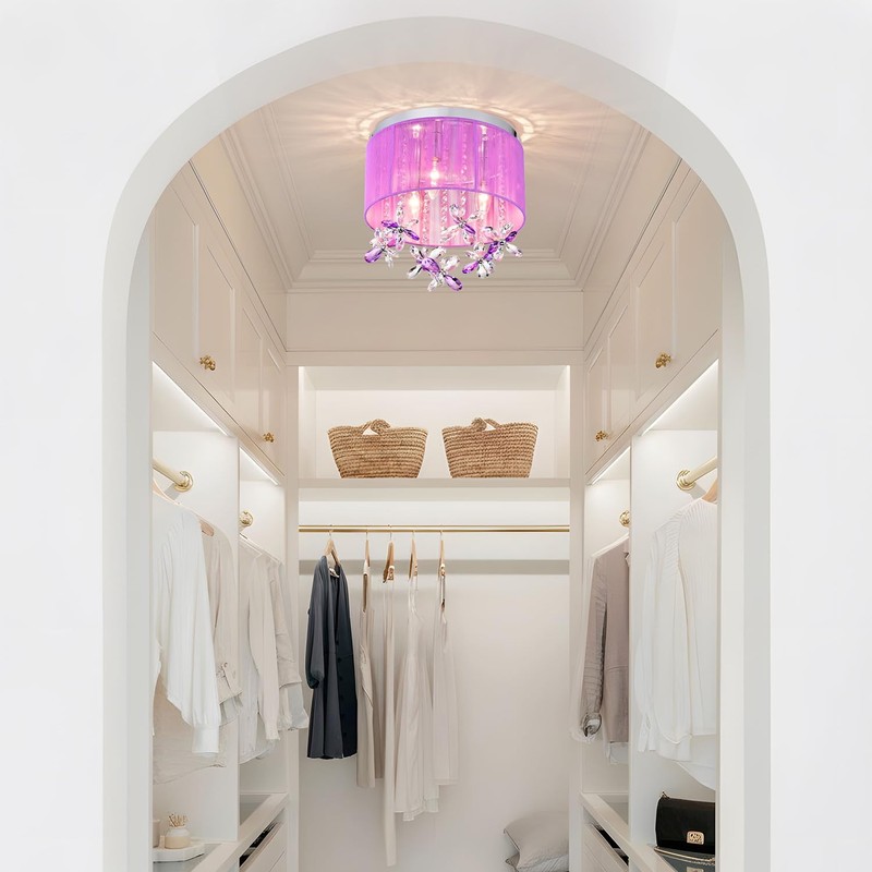 LaLuLa Purple Crystal Chandelier for Girls Bedroom, 3-Light E12 Flush