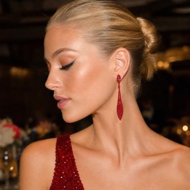 EVER FAITH Rhinestone Cristal Elegante Banquete Paseo Double Lágrima Gota de Agua Perforado Colgante Aretes Pendientes