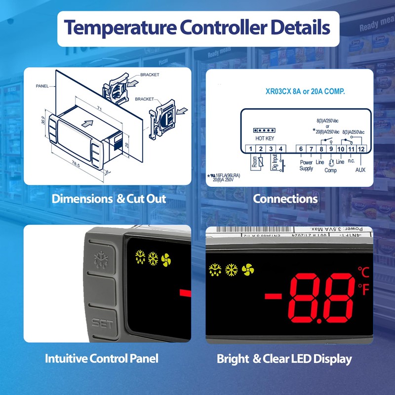 Digital Temperature Controller XR03CX-4N0F1 for Commercial Refrigeration, 120V 50-60Hz, Compatible