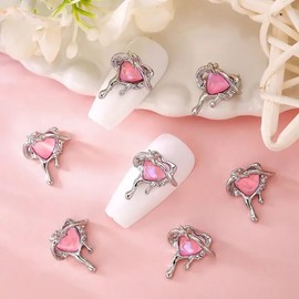10Pcs Valentine’s Day Nail Charms Pink Heart Nail Art Charms Silver Nail Gems with Pink Rhinestones Pink Heart Charms for Nails Silver Nail Charms for Acrylic Nails Supplies DIY Nail Art Decoration