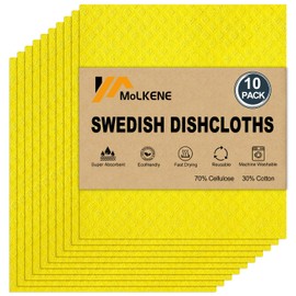 MoLKENE Swedish Dishcloths for Kitchen | 10 Pack Absorbent Cellulose Sponge Cloths Washable | Non-Scratch Reusable Paper Towels Quick Drying Cleaning Rag - Yellow