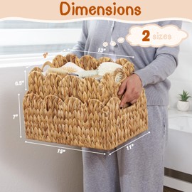 FairyHaus Wicker Basket 2Pack, Handwoven Scalloped Wicker Storage Basket with Handles, Natural Water Hyacinth Wicker Bakests for Storage, Large and Small Rectangle Basket, 15 x 11 x 7" & 13 x 9 x 6.5"