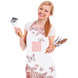 NAQSH Cotton Apron With Pocket, Adjustable Neck Strap & Long Ties Chef Aprons For Men And Women Ideal For Cooking, Baking, BBQ, Drawing & Gardening (Rose Butterfly Peach)