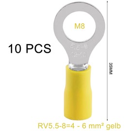 Pack of 10 Ring Terminals, Partially Insulated Crimp Connectors, Cable Connectors, 4.0-6.0 mm², Yellow Hole Diameter M8 PVC Female Connector, Ring Cable Lugs Set for Connecting Cables or Strands