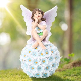DREAM GARDEN Fairy Garden Statue Outdoor Decor, Fairy Angel Angel Sitting on Hydrangea Flower Solar Outdoor Statues Resin Fairy Figurine Lights Garden Decor for Outside Patio Lawn Yard Balcony