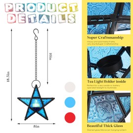 Glooglitter 3 Set Stained Glass Star Shape Lantern Hanging Candle Holder Hanging Star Tealights Candle Holder Moroccan Lantern Ornaments for Patio Window Balcony Wedding Birthday Home Decoration