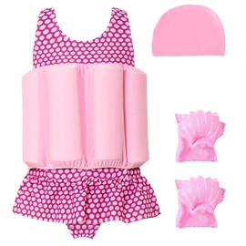 Floaties Swimsuit Toddlers Girls Floating Swim Suit with Arm Floatation Bathing Suit Float Baby Learn to Swim Beach Pool, Rose Dots 5-6 Years