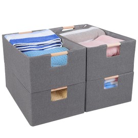 ANMINY 4PCS Storage Baskets for Organizing Collapsible Fabric Storage Bins Boxes with Wood Handles Closet Shelves Cube Organizer Bins Clothes Laundry Storage Container - Large, Gray