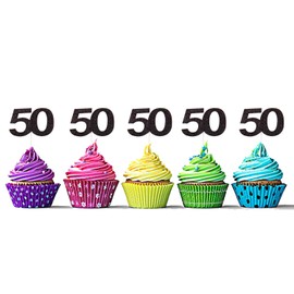 Sumerk 24PCS 50 Cupcake toppers Black Glitter 50th Birthday Cupcake Picks Anniversary Party Decorations