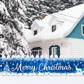 Blue Christmas Decorations Garden Banner, Large 9.8 * 1.6ft Blue Christmas Decorations Outdoor Blue and Sliver Christmas Decorations Yard Sign Blue Christmas Banner for Holiday Xmas Party Decorations