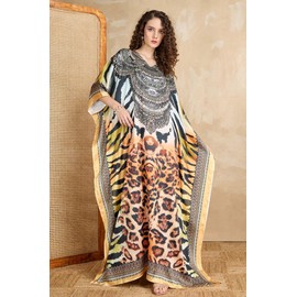 Label Aarna Soft Satin Kaftan with Digital Print and Rhinestones Handwork and Hidden Adjustable Belt Free Size [M-4XL] (IN, Alpha, Free Size, Brown Black (Majestic Roar Kaftan))