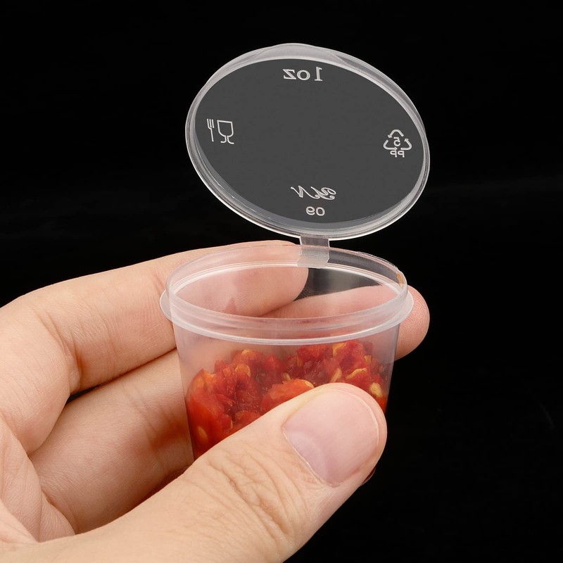 ZEONHEI 200 PCS 1oz Clear Round Hinged Pots, Sauce Pots